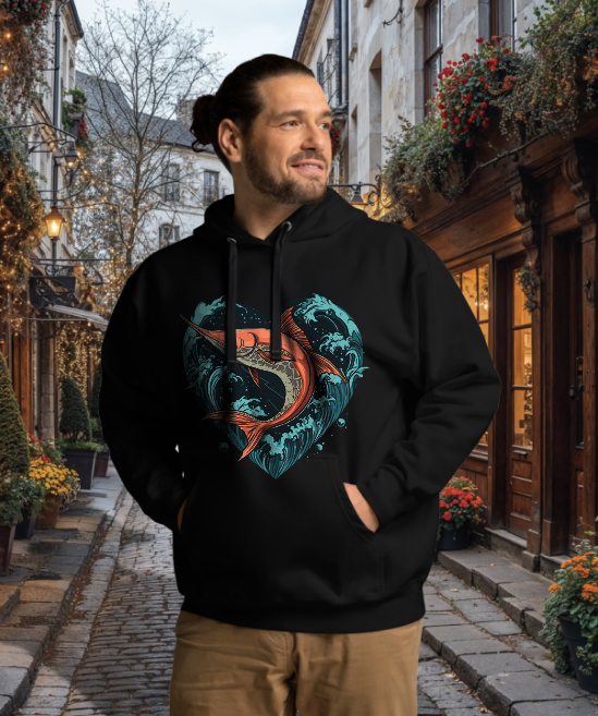 Man in black hoodie with fish wave graphic on cobblestone street